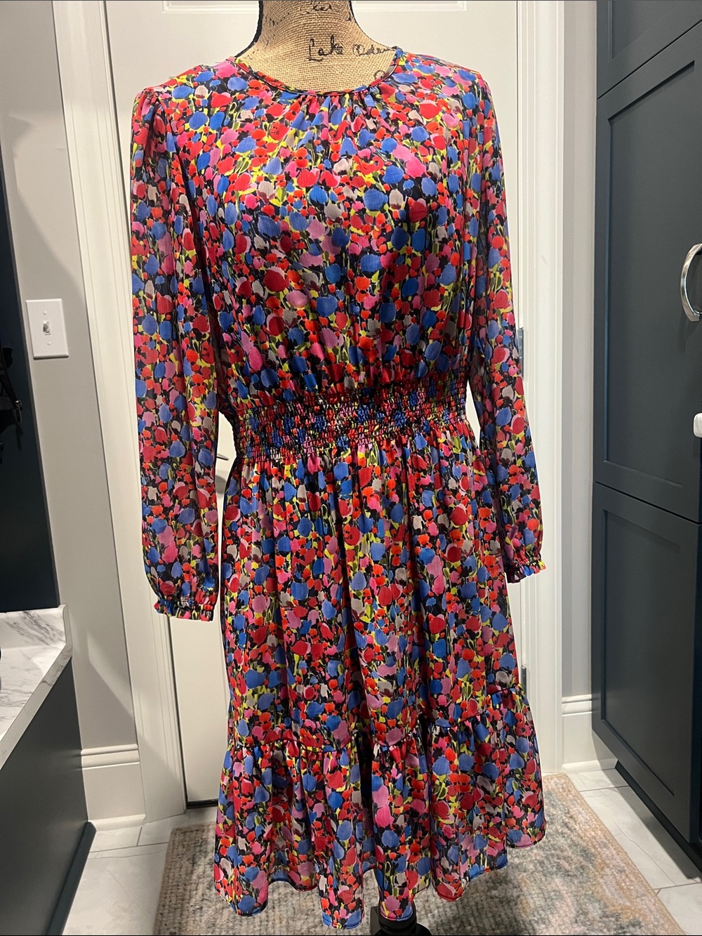 J Crew Sz M Floral Smocked Waist Long Sleeve Dress - Pink Multi/Navy Slip Dress
